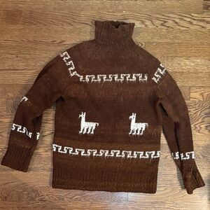 Fuzzy alpaca Brown Turtleneck Sweater with Llama Pattern seafarer XS/S